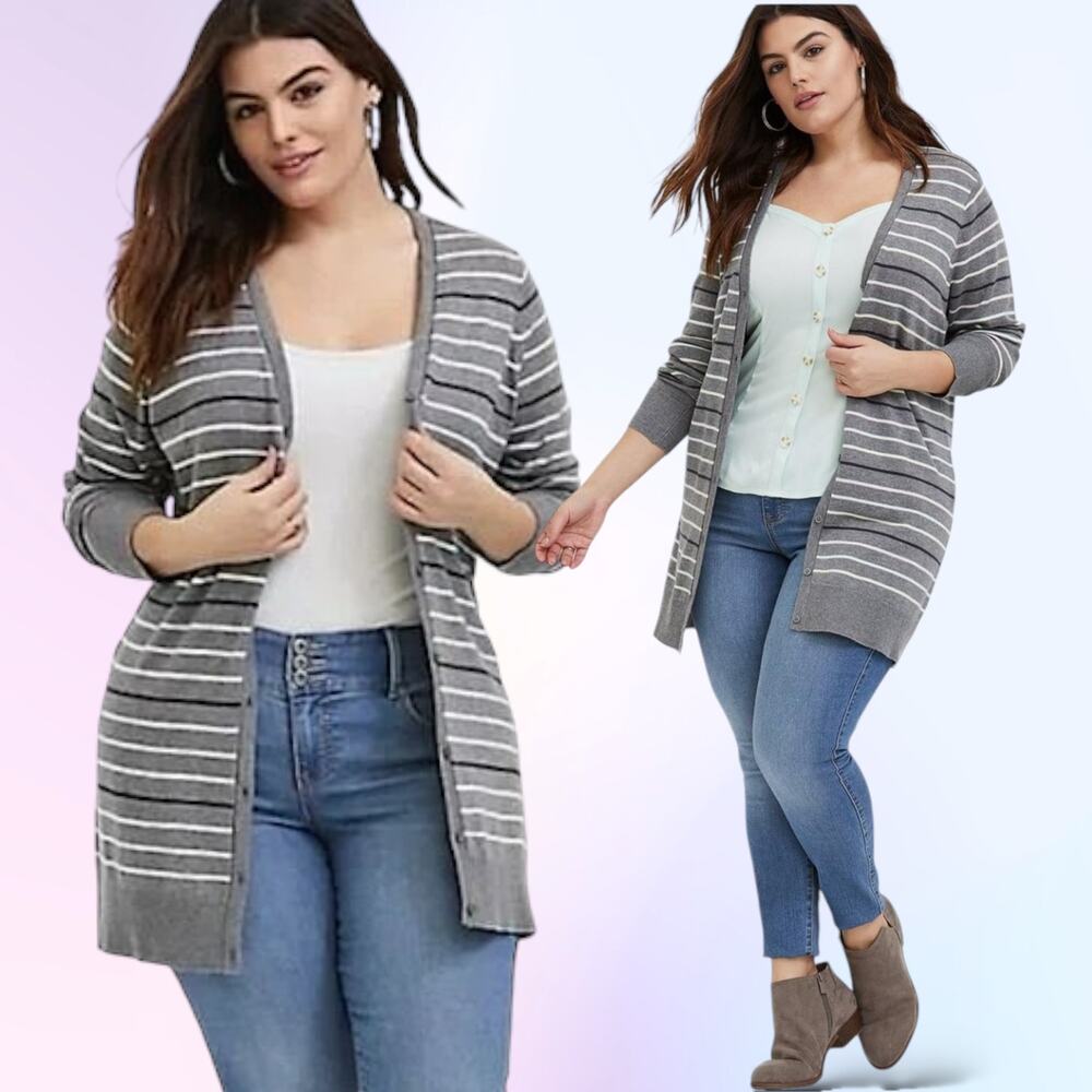 TORRID Boyfriend Cardigan Sweater Longline Button Up Lagenlook Striped Gray 2X